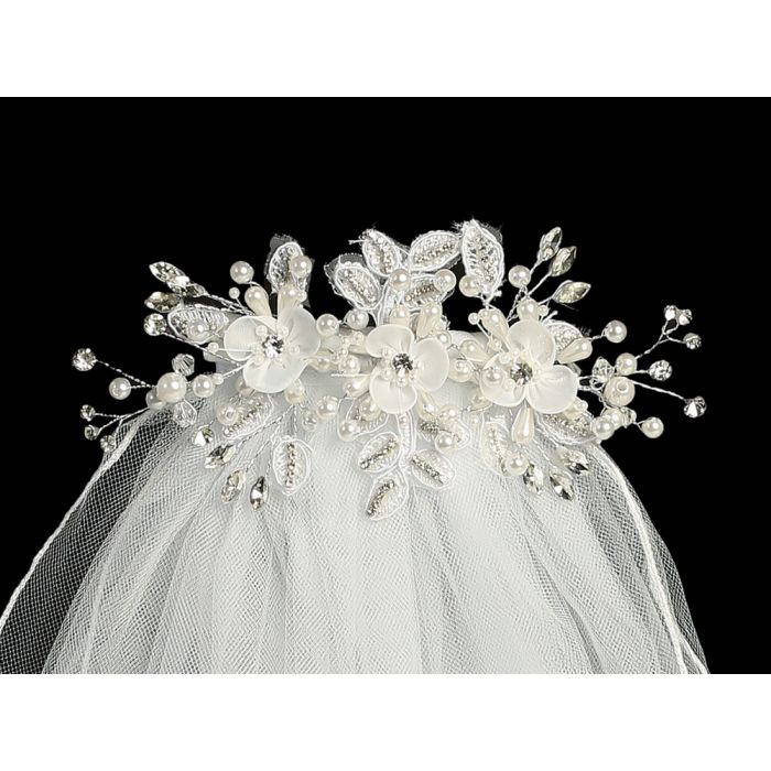 First Communion veil on Comb Organza Leaves flowers with pearls