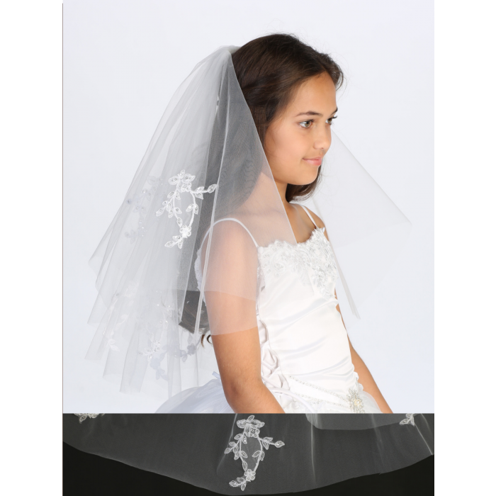 First Communion Veil with Raw Edge and Lace Applique