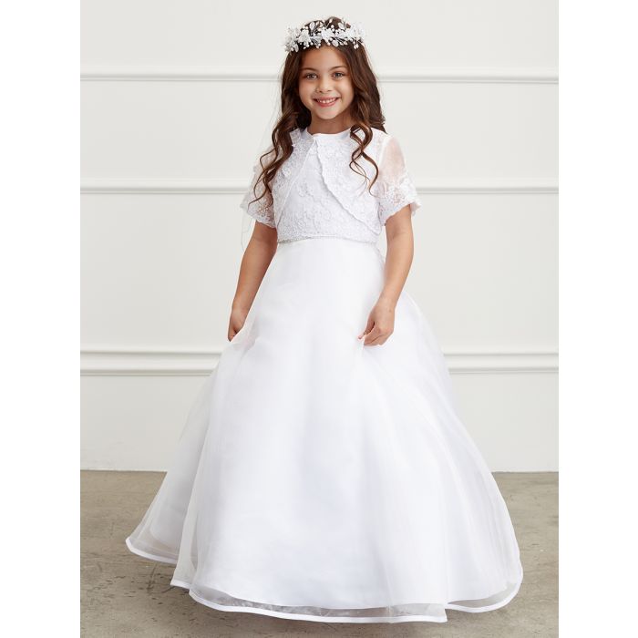 Floor Length First Communion Dress with Lace Waist and Matching Lace Bolero