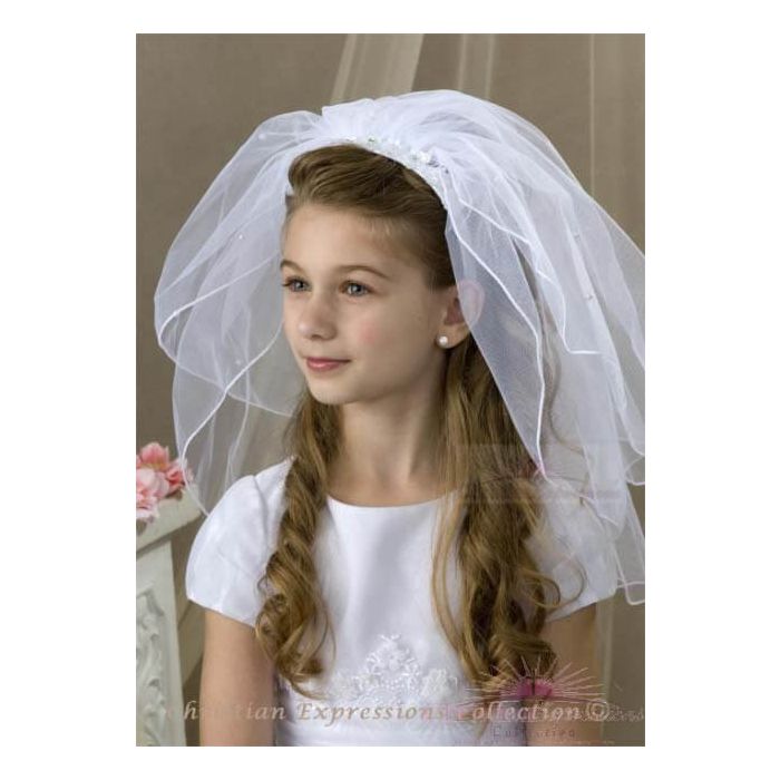 Girls First Communion Headband Veil with Lace Flowers and Rhinestones