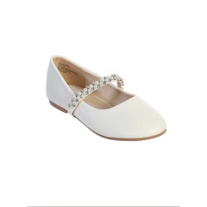 Girls First Communion Shoes Leatherette Flats with Rhinestone and Pearl Strap
