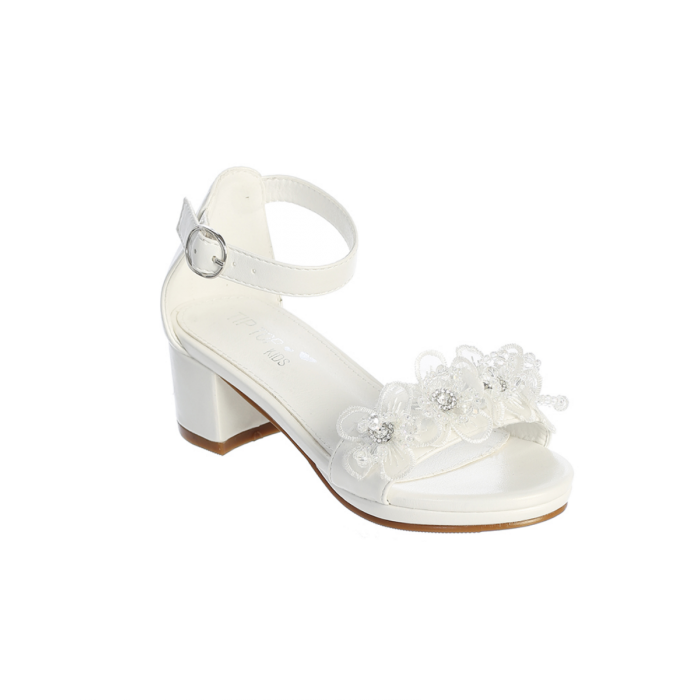 Girls First Communion Shoes Matte Block Heels with Flower Embellishment