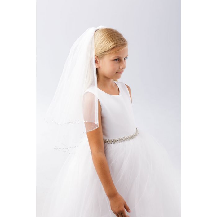 First Communion Veil with Clear Beads Edge