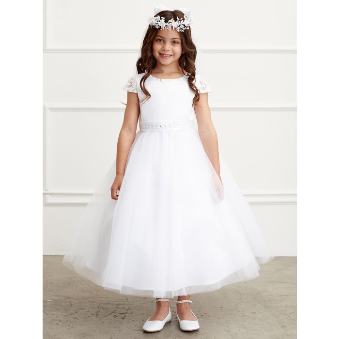 Lace Cap Sleeved First Communion Dress Sheer Lace Back