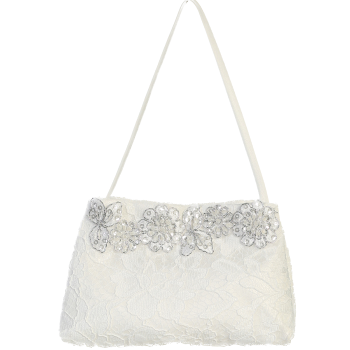 Lace communion purse with silver floral trim