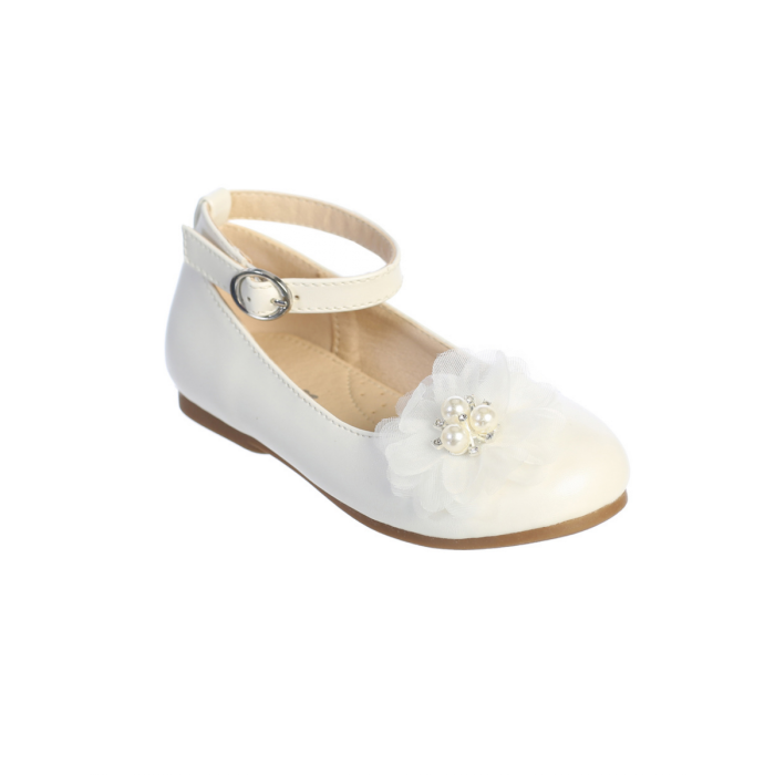 First Communion Shoes Matte flats with a layered mesh flower