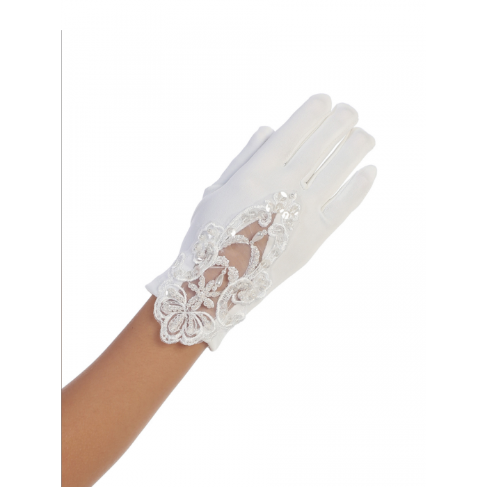 Matte Satin First Communion Gloves w/ Lace Embellished Top