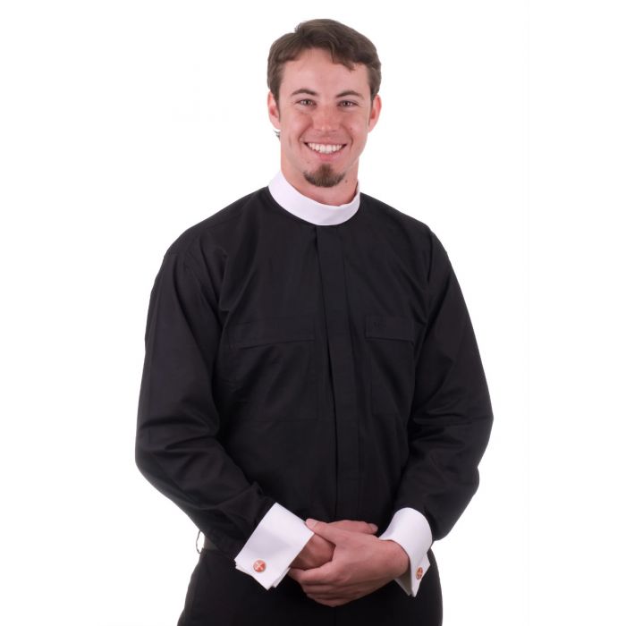 Men's Black Long Sleeve Neckband Collar Clergy Shirt With White French Cuffs