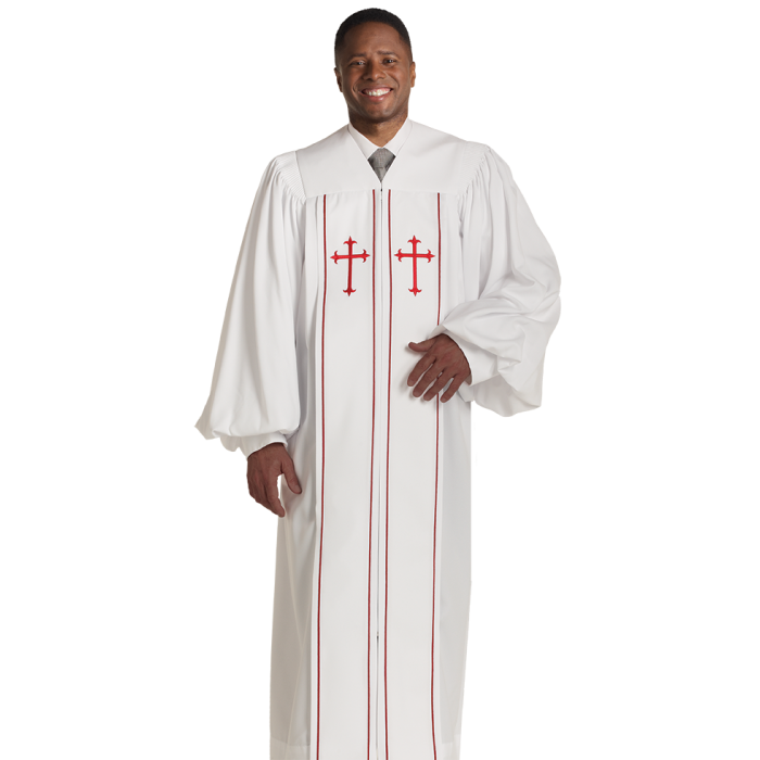 Pastor Robe  White with Red Piping Crosses