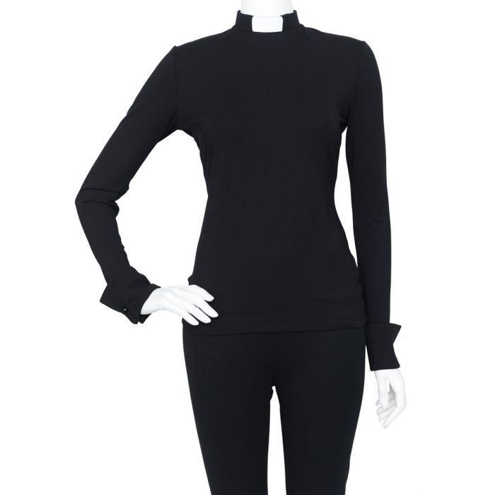Women's  Black Long Sleeve Slim Fit Tab Collar Knit Clergy Top