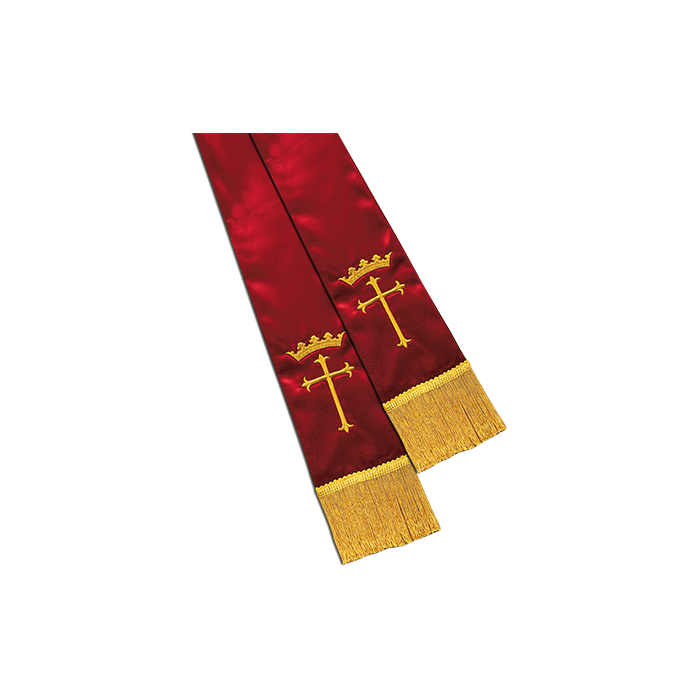 Red Satin Pulpit Clergy Stole with Cross and Crown Symbols