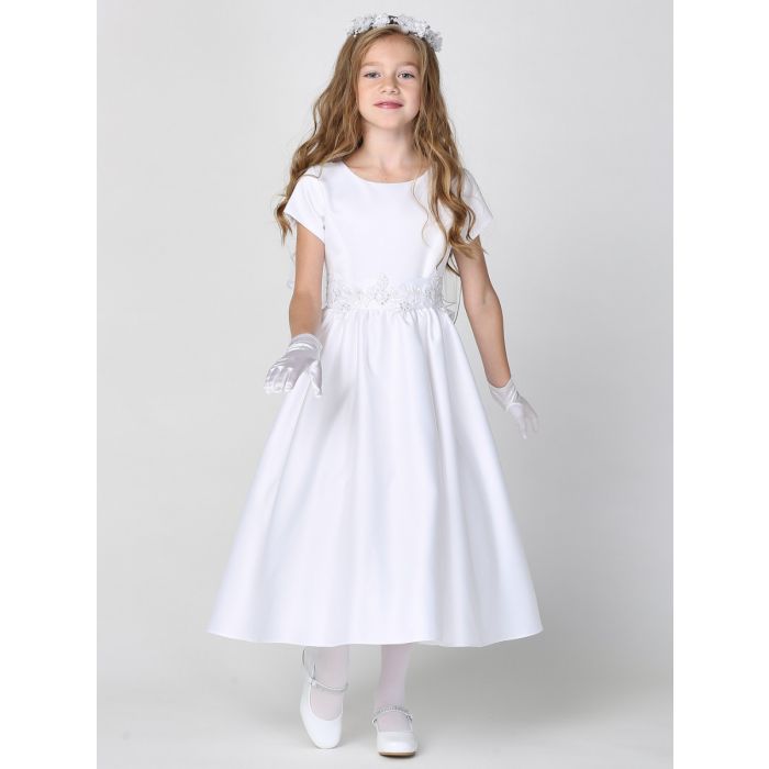 Satin First Communion Dress with silver corded trim on waist
