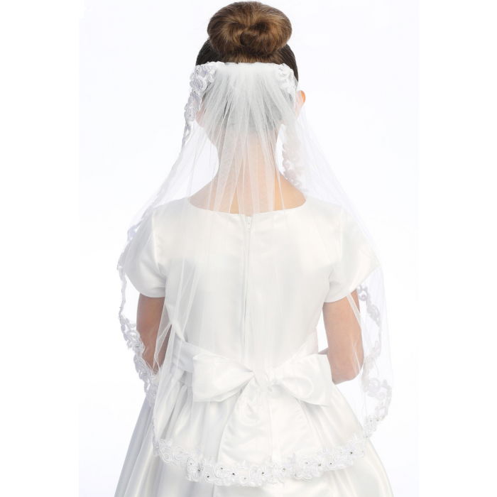 First Communion Veil on comb with corded lace trim