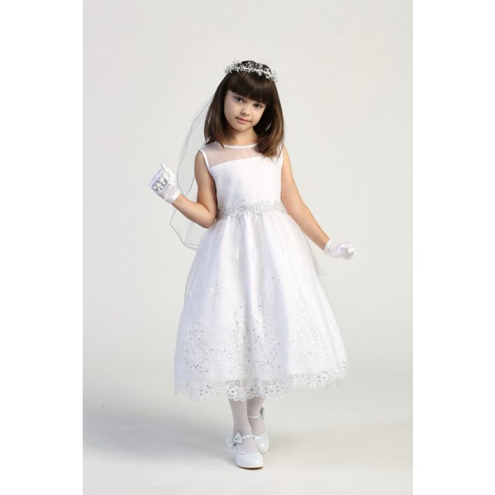 First Communion Dress with Silver Trim