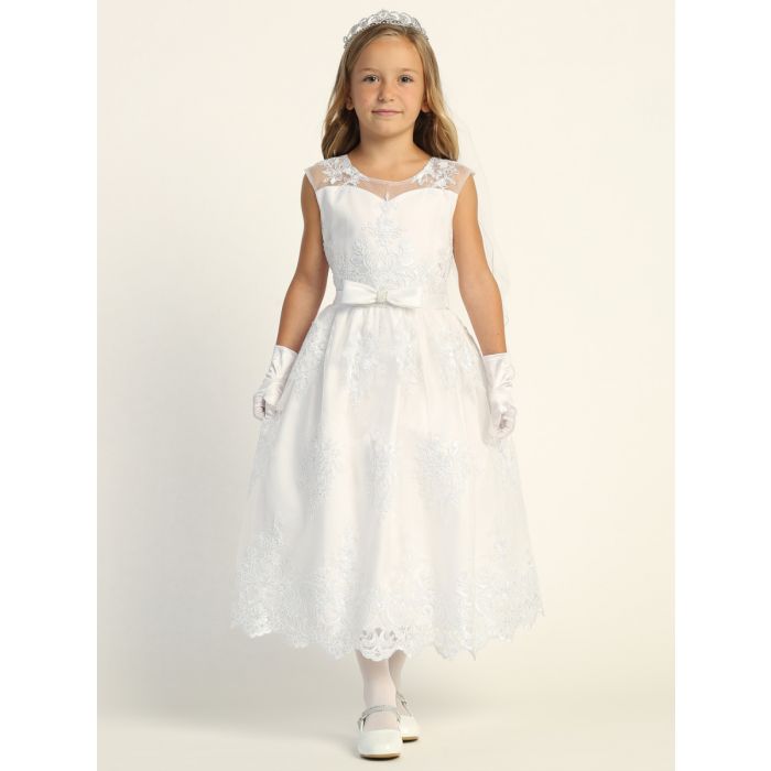 First Communion Dress embroidered dress with sequins Satin Bow Accent