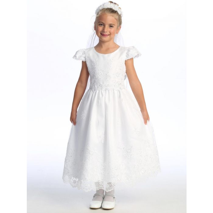 First Communion Dress Corded embroidered tulle with beads Cap Sleeves