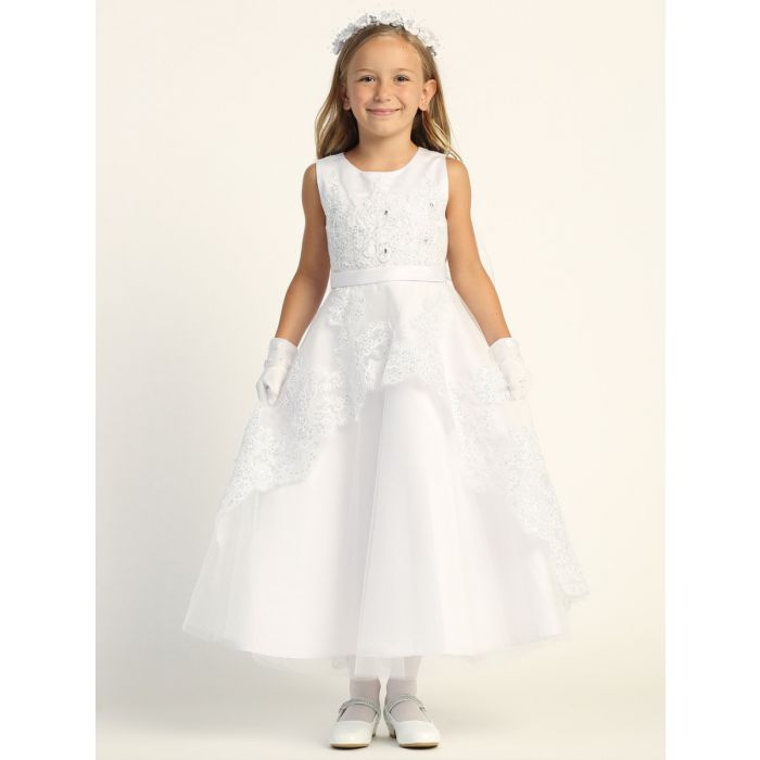 Satin A Line First Communion Dress with Embroidered Overlay