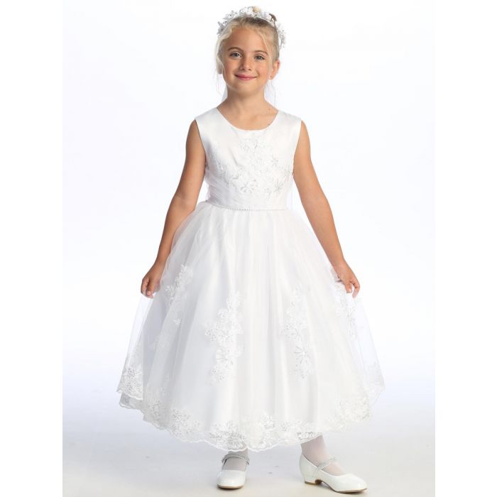 First Communion Dress Sleeveless Satin with embroidered tulle with sequins