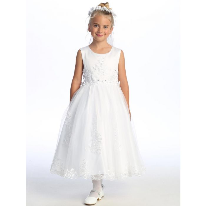 First Communion Dress Satin with embroidered tulle with sequins, beads