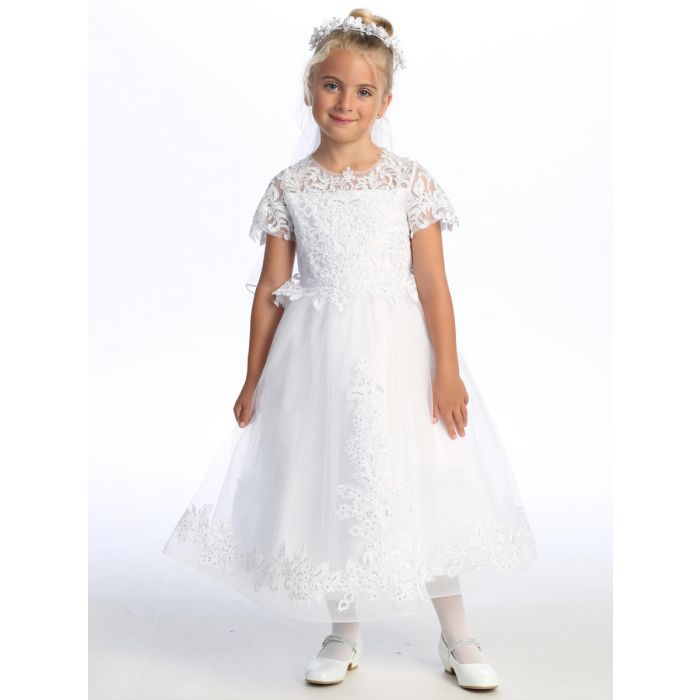 Short Sleeve First Communion Dress Corded embroidered tulle with sequins