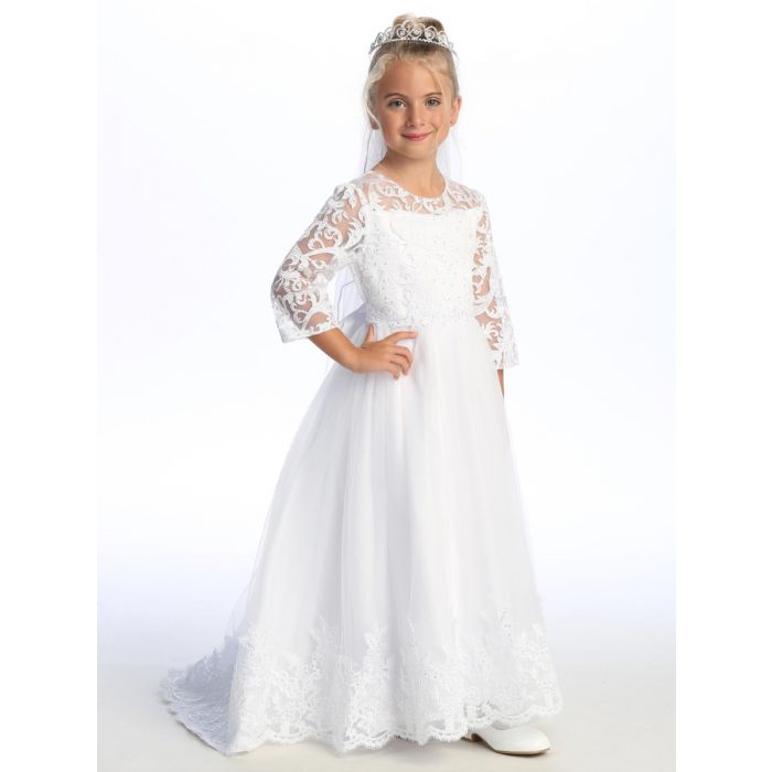 Long Sleeve First Communion Dress Embroidered tulle with sequins with Train