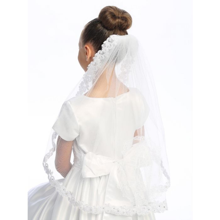 First Holy Communion Veil on comb with corded lace trim and 'Guadalupe'