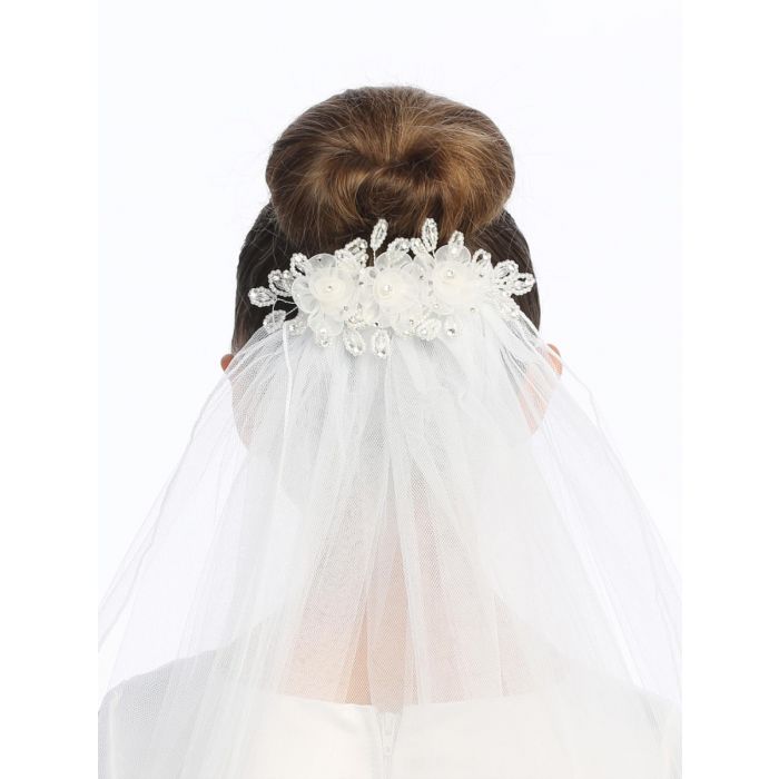First Communion Comb Veil Organza Flowers Pearls Crystals