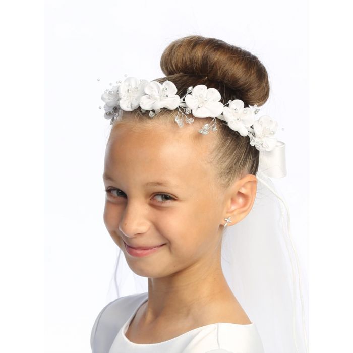 First Communion Wreath Veil Satin flowers with beads