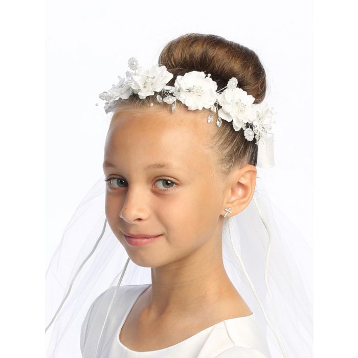 
First Communion Wreath Veil Corded flowers with pearls & rhinestones
