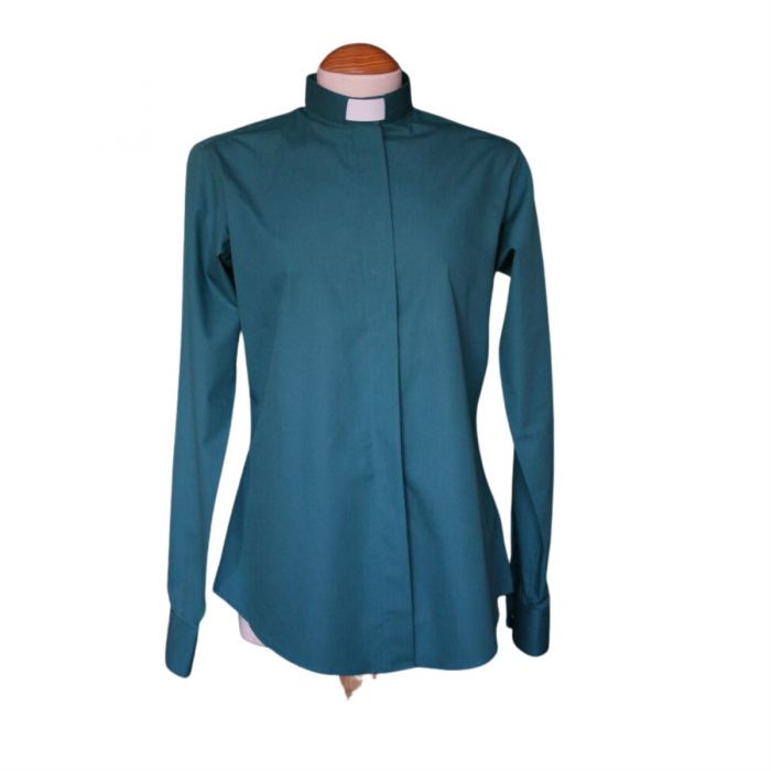 Women's Teal Tab Collar Cotton Clergy Blouse