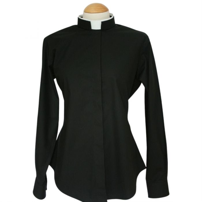 Women's Black Tonsure Tab Collar Cotton Clergy Blouse