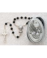 PEWTER GIFT BOX WITH BLACK GLASS COMMUNION ROSARY