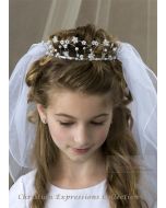 First Communion Crown Veil Metal Loops with Pearls and Crystals
