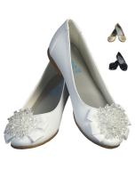 girls white First communion shoes Flats with crystal bead bow.