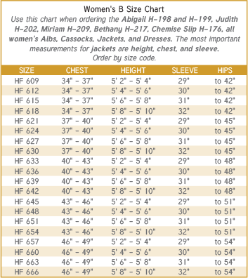 Womens Clergy Robe Size Chart 600 Series