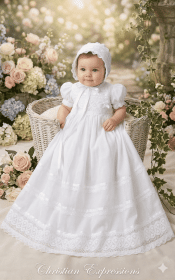 Girls Cotton Short Sleeve Christening Gown with Lace and Ribbon