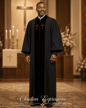 Men’s Black Clergy Pulpit Robe with Red Embroidered Crosses Velvet Panels