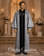Men’s Silver Jacquard Clergy Pulpit Robe with Silver Embroidered Crosses