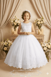 Elegant Full First Communion Dress with Lace & Beaded Illusion Bodice