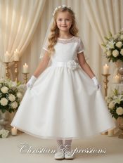 Girls First Communion Dress with Embroidered Tulle Bodice