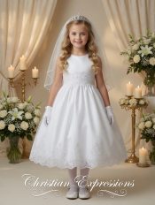 Girls First Communion Dress with Corded Embroidery and Sequins