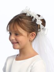First Communion Veil Organza Flowers and Lace Ribbon