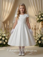 Girls Satin First Communion Dress with Embroidered Tulle and Sequins