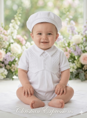 Boys White Short Sleeve Celebration Christening Baptism Set with Hat