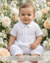 Boys White Short Sleeve Collared Romper Coverall with Pin-Tucking