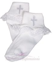 Girls White Christening Anklet Embroidered Cross
