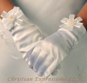 Satin First Communion Gloves with Organza Bow and Rosette