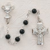 BLACK GLASS IRISH COMMUNION ROSARY WITH PEWTER CHALICE OR SACRED HEART