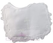 Satin Girls Christening Bib with  Cross and Lace Trim