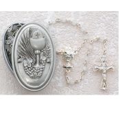 PEWTER GIFT BOX WITH WHITE COMMUNION ROSARY